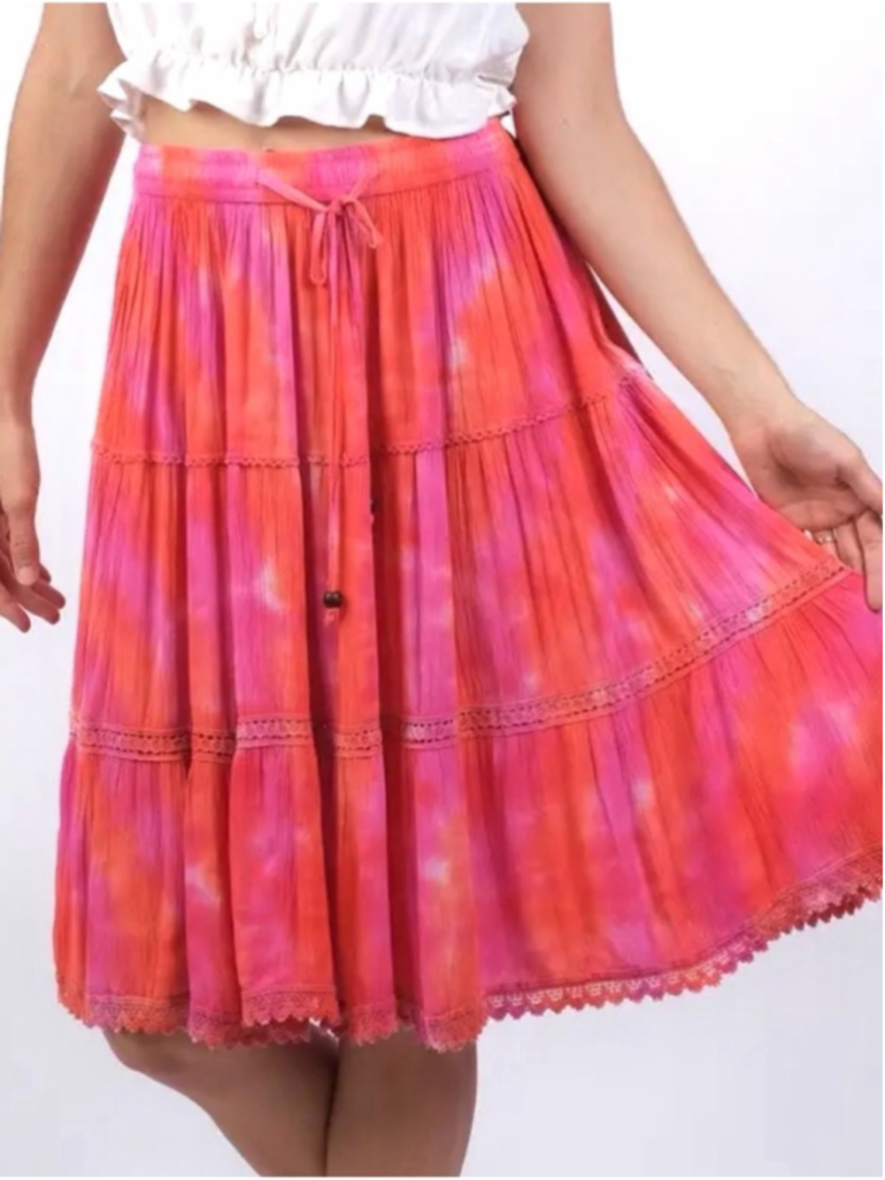 Sacred Threads Pink & Orange Tie-Dye Tiered Midi Skirt